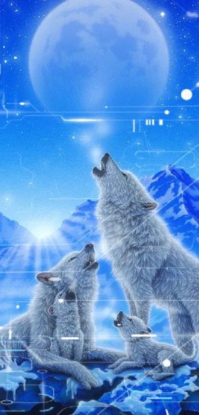 Wolves howling under a blue moon with mountains and starry sky in the background.