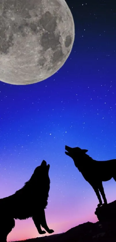 Silhouetted wolves howling at the full moon in a starry night sky.