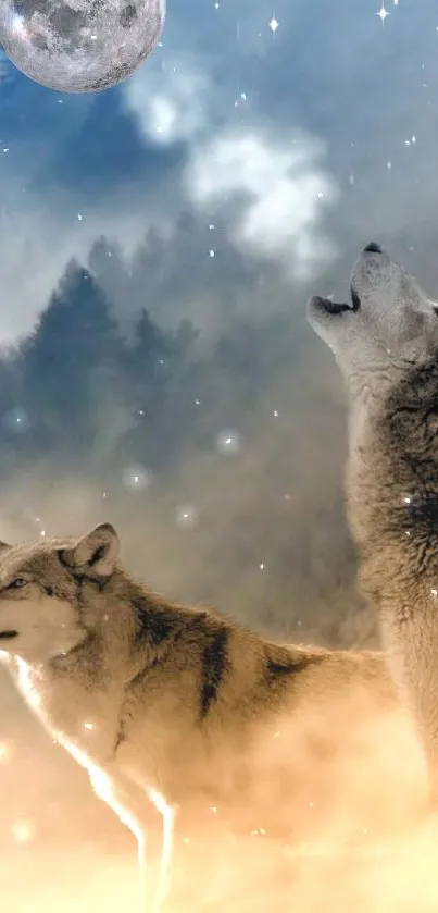 Two wolves howling under a cloudy moonlit sky with trees.