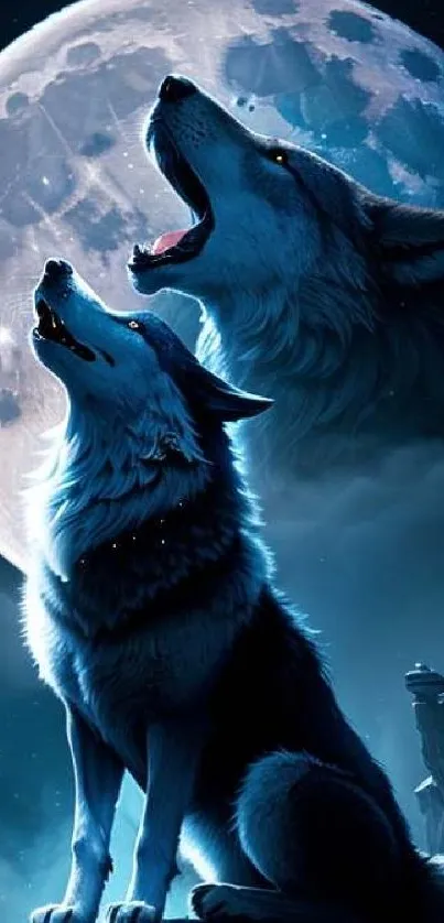 Two wolves howl under a full moon in a dark, mystical night sky.