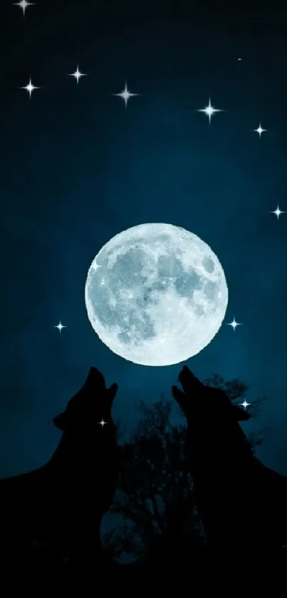 Silhouetted wolves howling under a bright full moon.