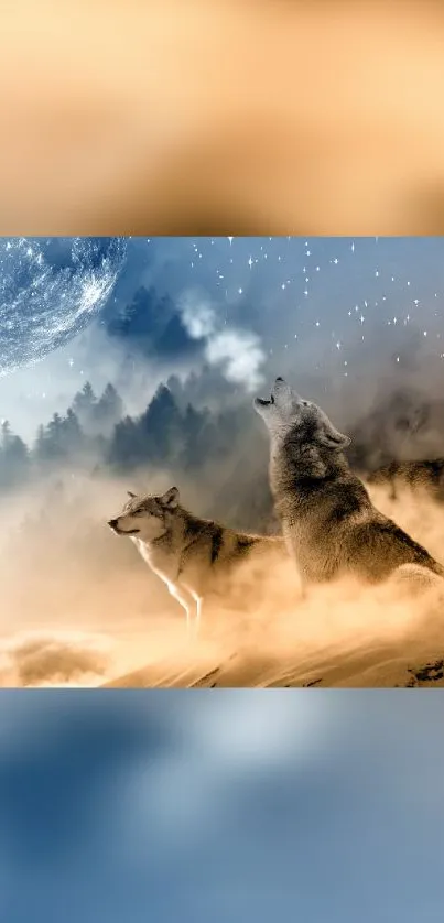 Majestic wolves howling under a moonlit starry sky wallpaper.