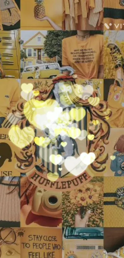 Hufflepuff aesthetic wallpaper in golden yellow with collage design.