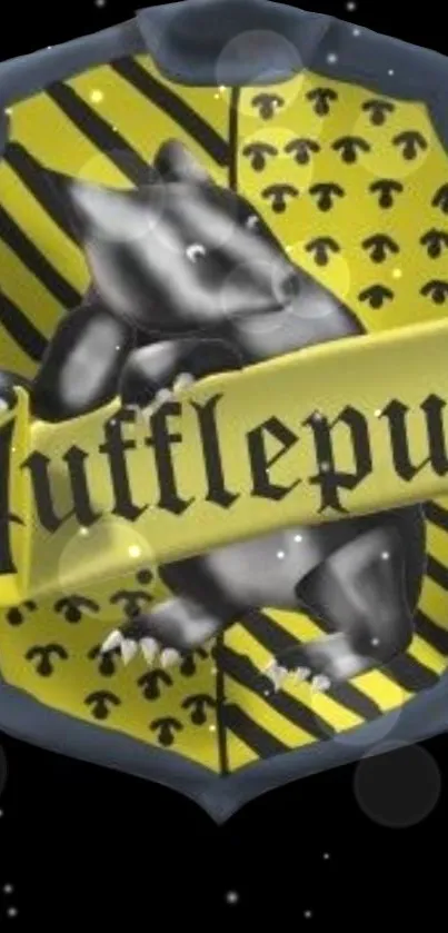 Hufflepuff crest with yellow and black design on a mobile wallpaper.