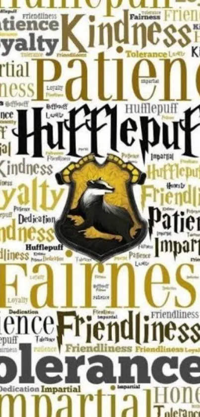 Hufflepuff crest with values in word cloud style.