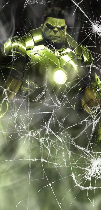 Hulk in green armor with shattered glass effect wallpaper.