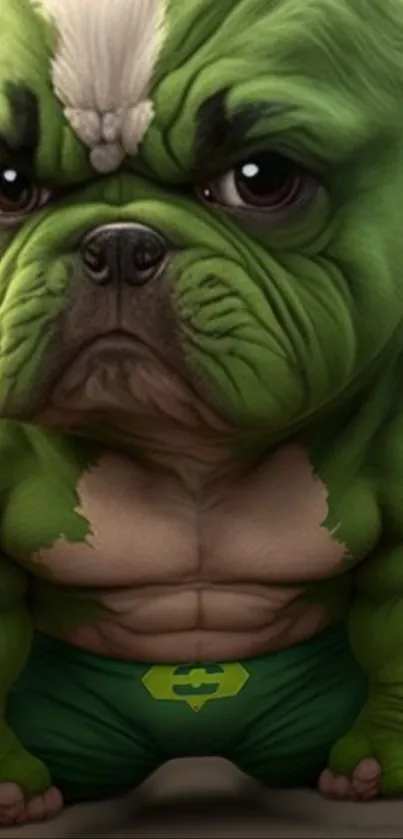 Cartoon bulldog with Hulk theme and green color.