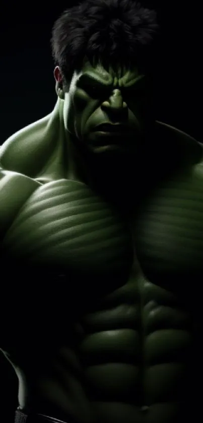 Hulk in vibrant green flexing muscular arms on a dark background.