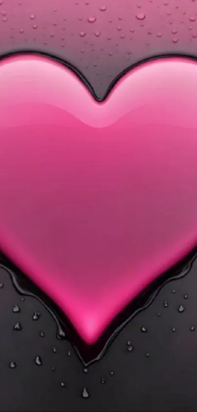 Glossy pink heart with droplets on dark background.