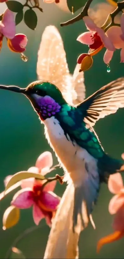 Vibrant hummingbird with pink blossoms on a mobile wallpaper background.