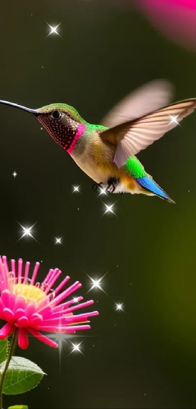 Vibrant hummingbird near a pink flower in lush green setting.