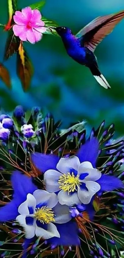 Hummingbird hovering over colorful flowers with vibrant blue hues.