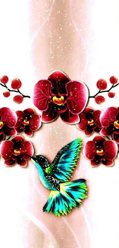 Vibrant wallpaper of a hummingbird with orchids.