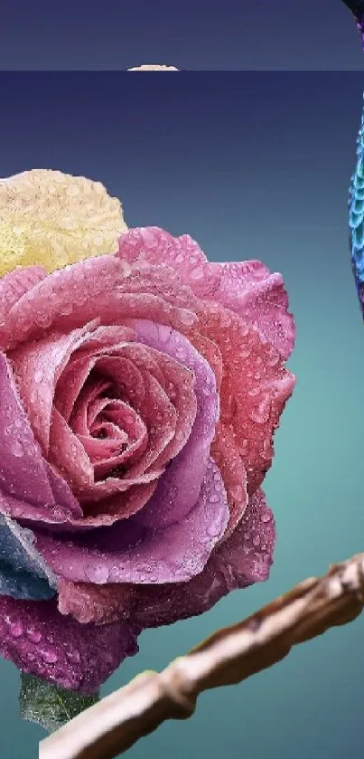 A colorful hummingbird beside a vibrant multi-colored rose.