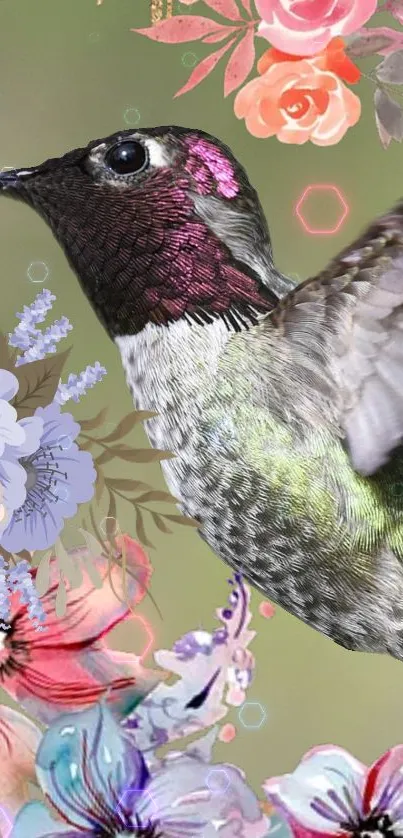 Hummingbird with vibrant floral background in a fantasy style.