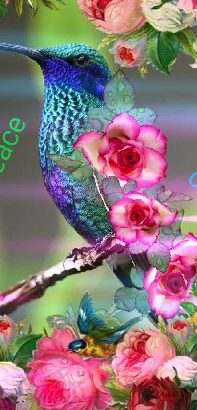 Vibrant hummingbird surrounded by colorful flowers in artistic design.