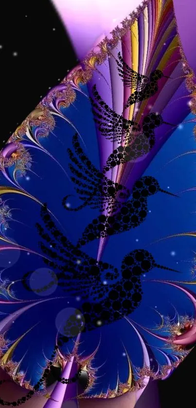 Vibrant fractal art wallpaper with hummingbirds on a purple leaf.