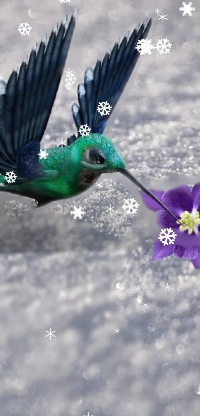 Hummingbird hovering over flower with snowflakes.