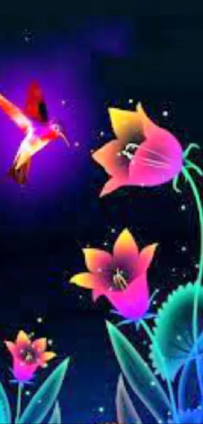 Vibrant neon wallpaper with a hummingbird and glowing flowers on a dark background.