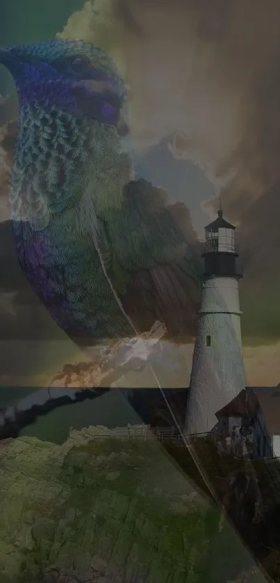 Hummingbird flies over a lighthouse against a dramatic sky.