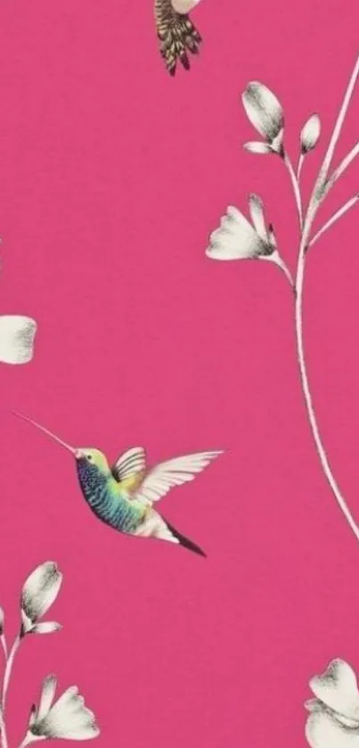 Hummingbirds on a pink floral background pattern.