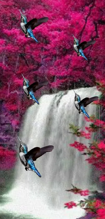 Vibrant pink forest with waterfall and flying hummingbirds.