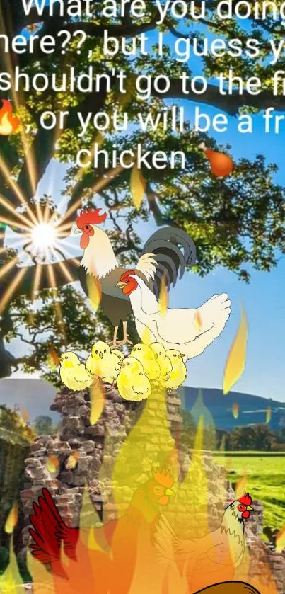 Humorous illustration with chickens and a fiery countryside.