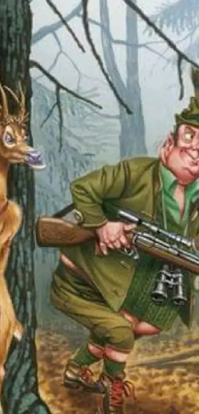 Comic scene of a deer and hunter in the forest.