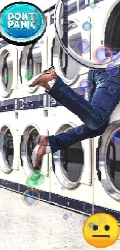 Humorous wallpaper of person in laundry by washing machines with a funny emoji.