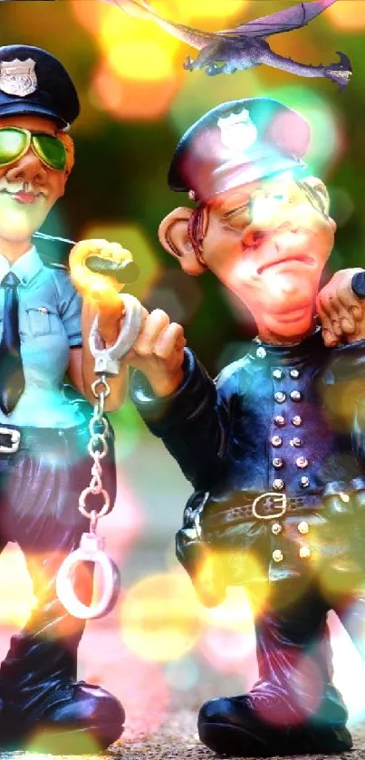 Humorous police figurines mobile wallpaper with vibrant colors.