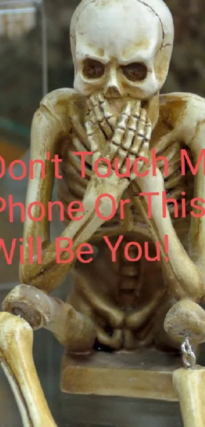 Three skeletons with a humorous warning message.