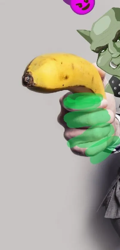 Humorous surreal wallpaper with banana, man, and cartoon monster.