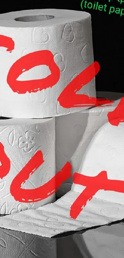 Toilet paper rolls with 'Sold Out' text in red.