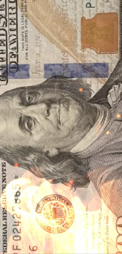 Close-up of a hundred dollar bill wallpaper with detailed print.