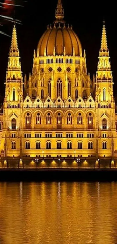 Hungarian Parliament illuminated at night with reflection.