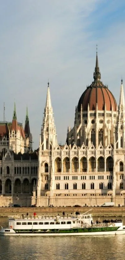 Hungarian Parliament building with river view and clear sky.