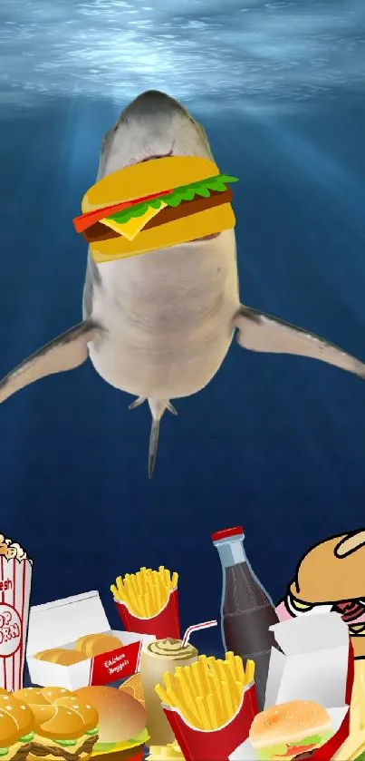 Shark with hamburger head surrounded by fast food in the ocean.