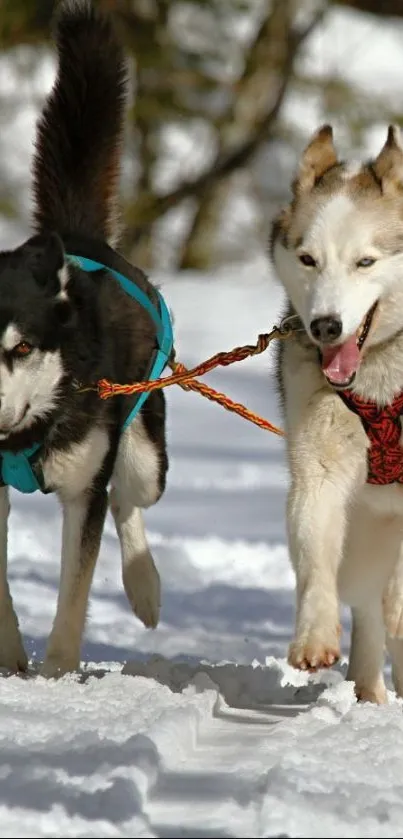 Energetic Siberian huskies running in snowy landscape