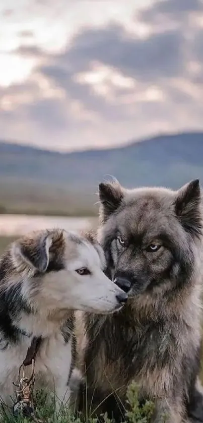 Husky and wolf in a serene landscape.