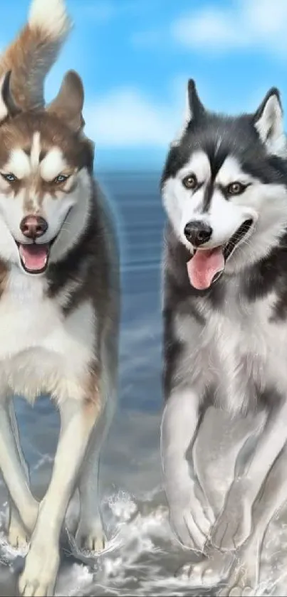 Two huskies enjoy a playful run on a sandy beach with blue skies overhead.