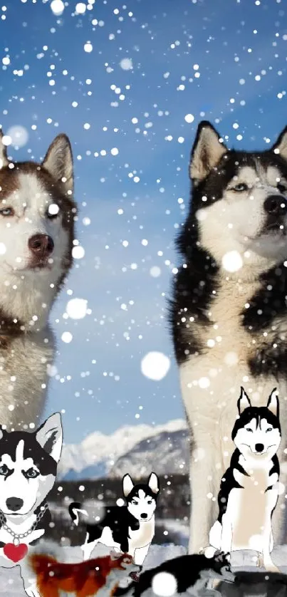 Two majestic Huskies in snowy mountains with animated companions.