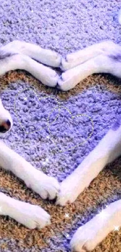 Two huskies forming a heart on a carpet.