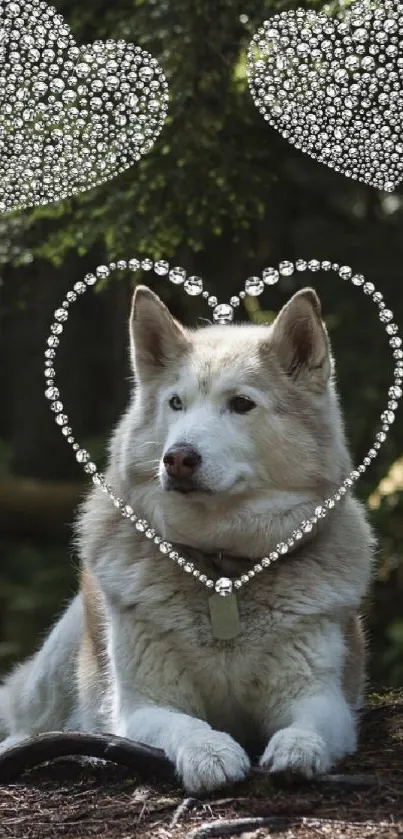 Husky in a forest with diamond hearts overlay.