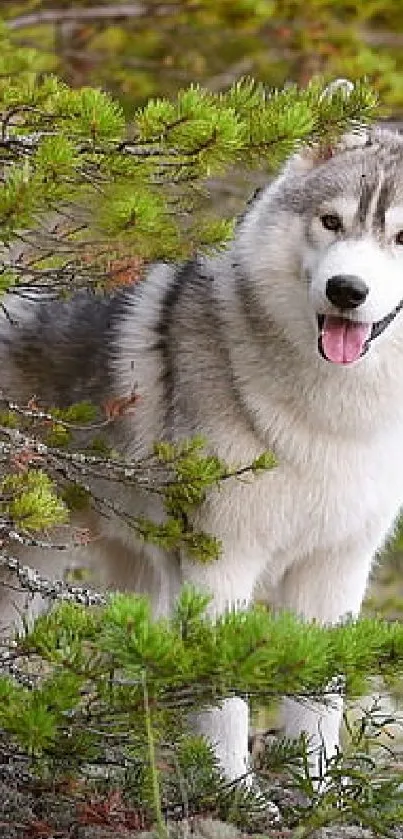 Husky dog peeking through a lush green forest scene.