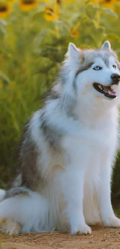 Majestic husky sitting in a vibrant sunflower field.