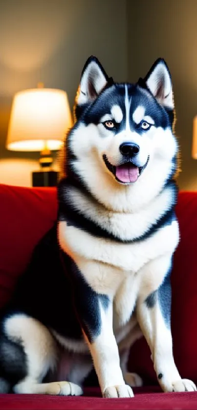 Husky sitting on a red sofa with warm lamps.