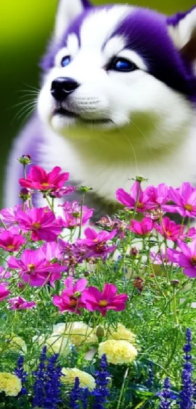 Charming husky puppy amid vibrant flowers.