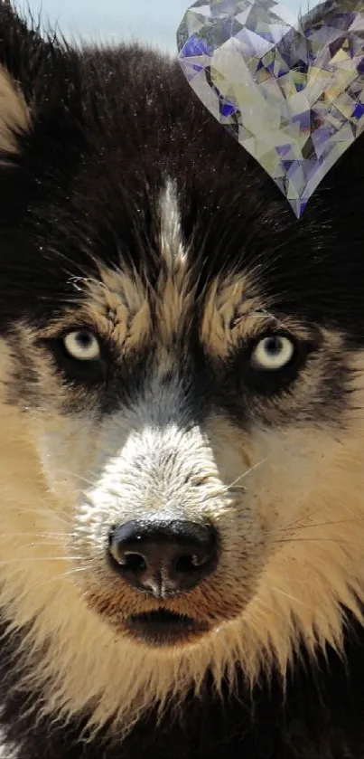 Husky with a crystal heart-shaped accessory on its forehead.