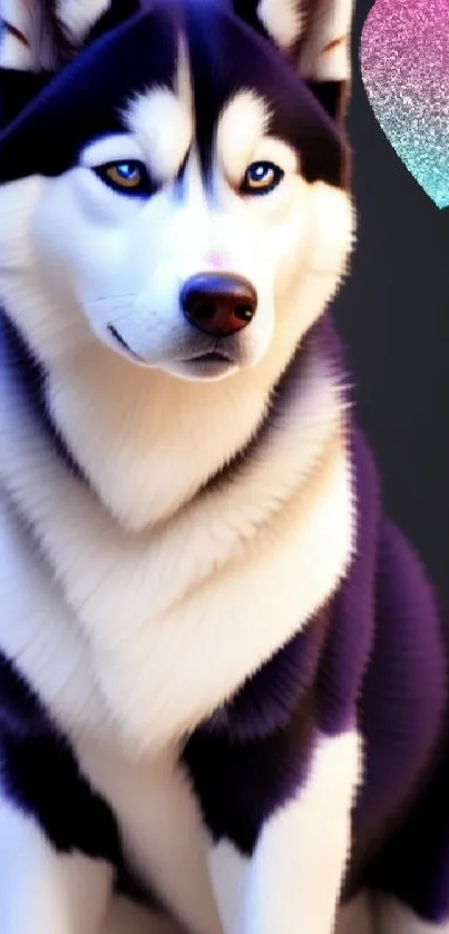 Husky with blue eyes and heart design wallpaper.