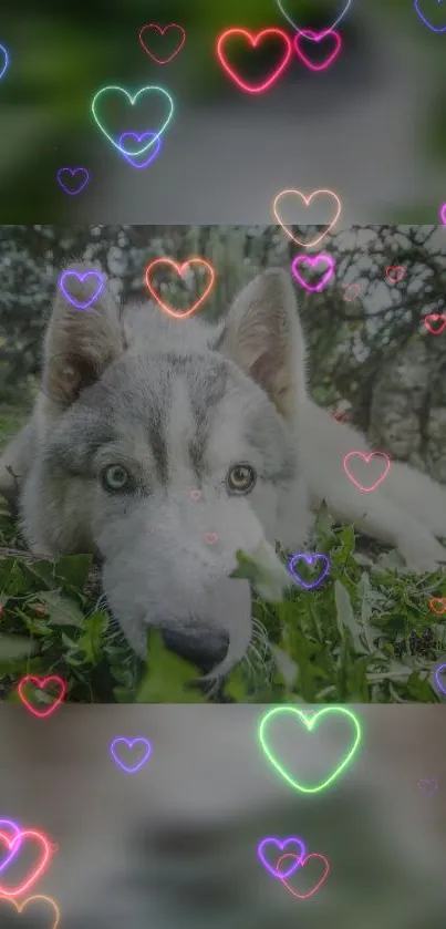 Husky lying on grass with neon heart overlay.